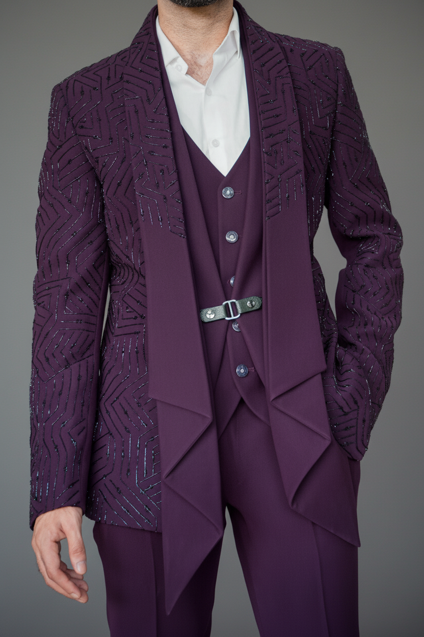 Men’s Plum Textured Three-Piece Suit (Imperial Plum)