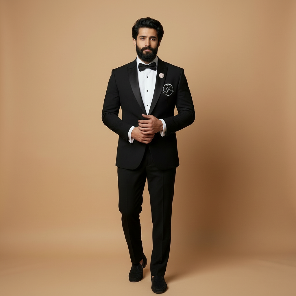 Black Wool Crepe Chest Embroidered Tuxedo