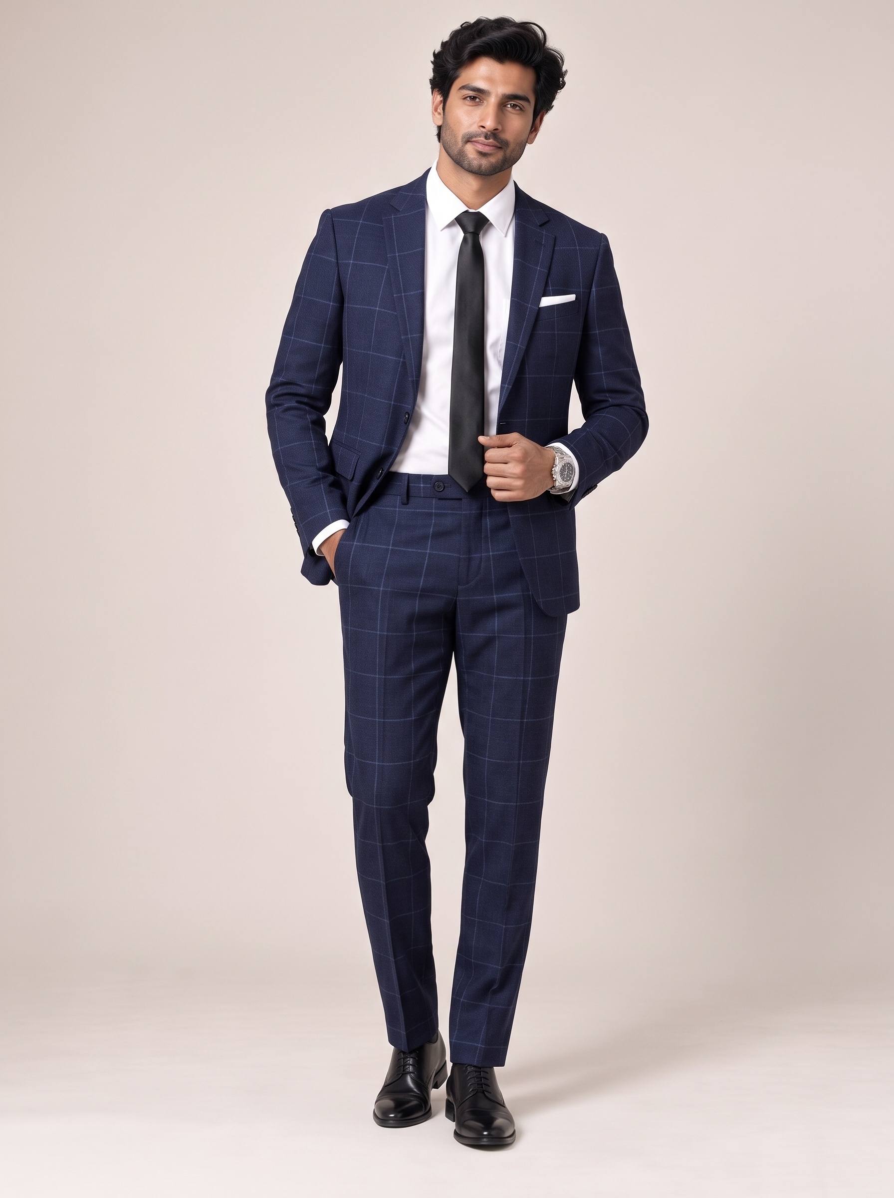 Dark Blue Checks Office Suit