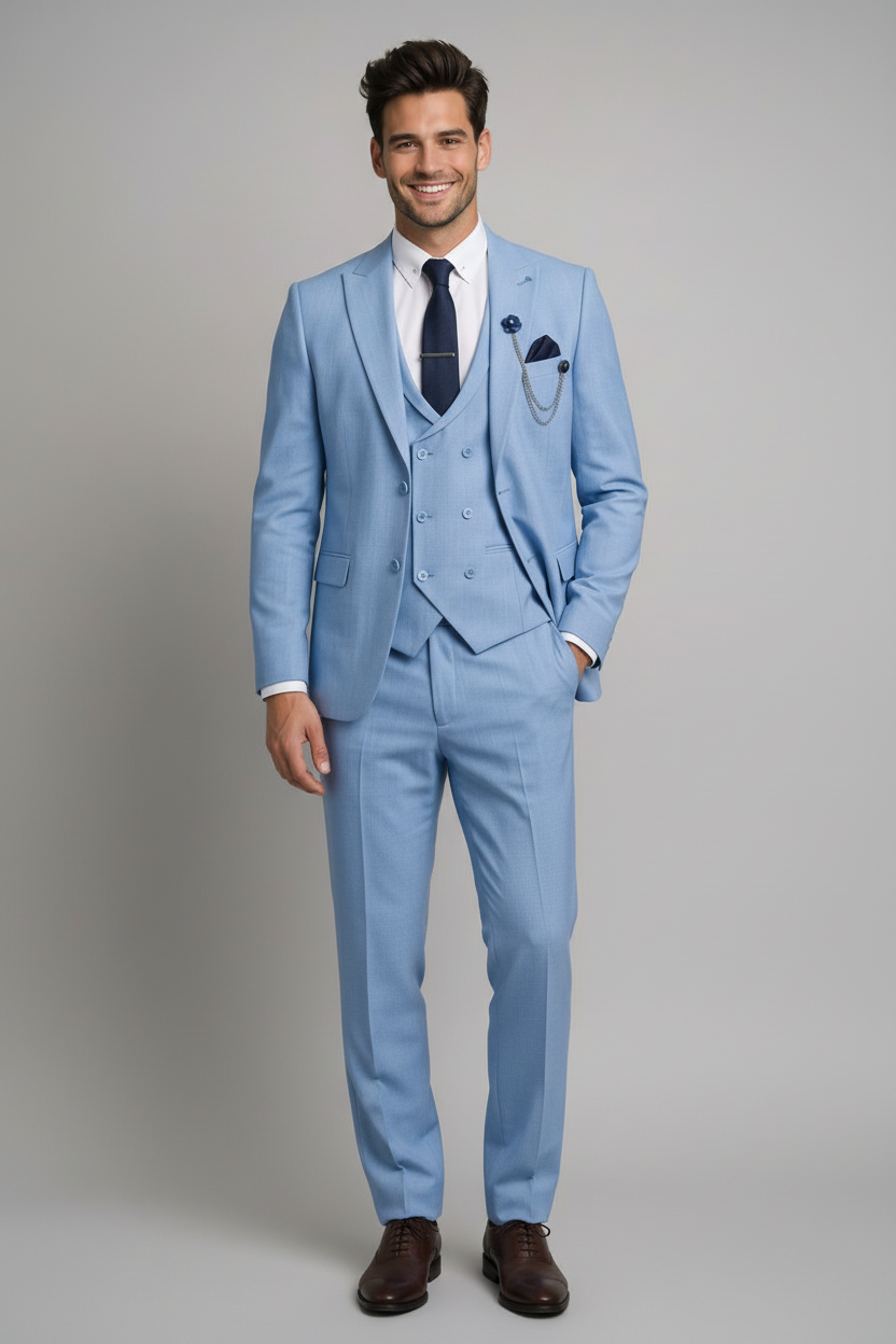 Men's Powder Blue Three-Piece Suit (Azure Elegance)
