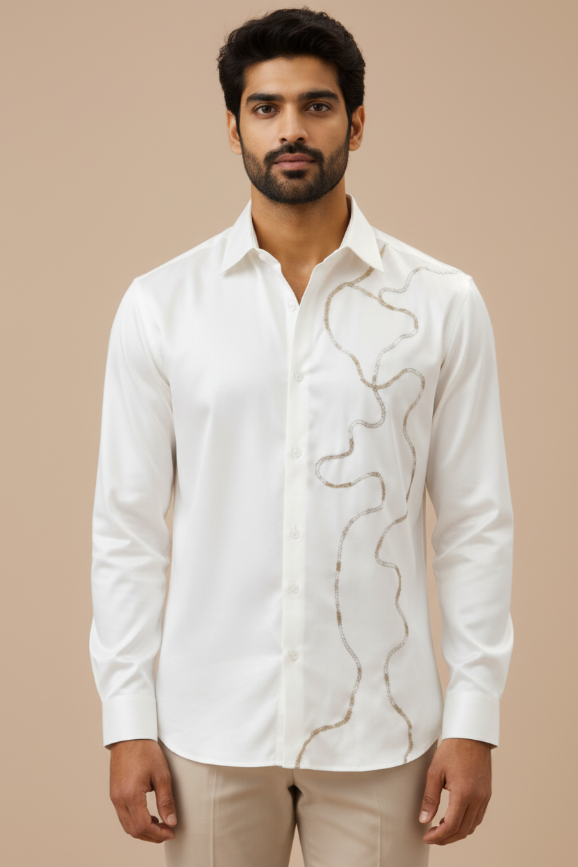 White Satin Designer Shirt with Abstract Metallic Embroidery
