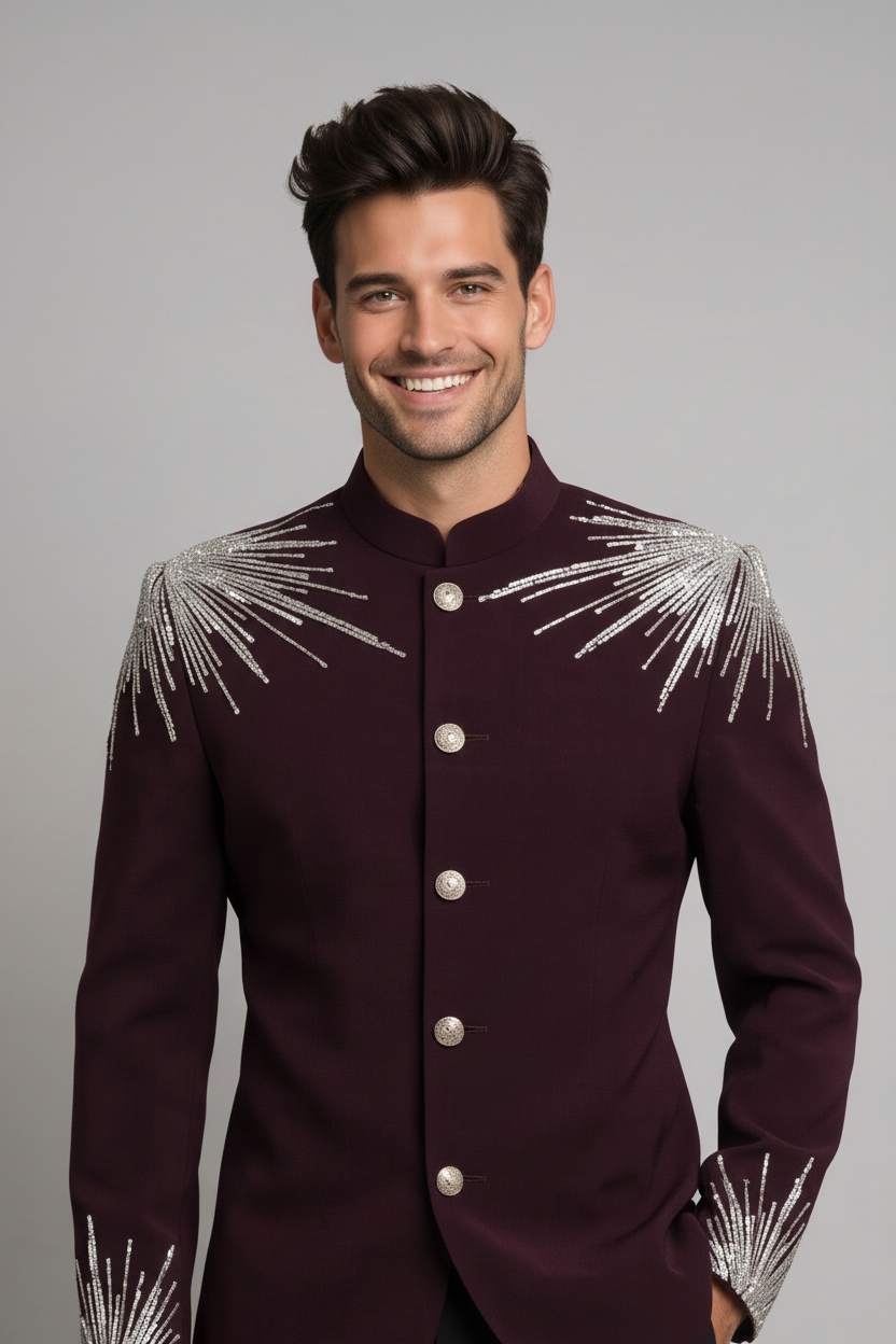 Men's Wine Embroidered Jodhpuri Suit (Royal Wine)
