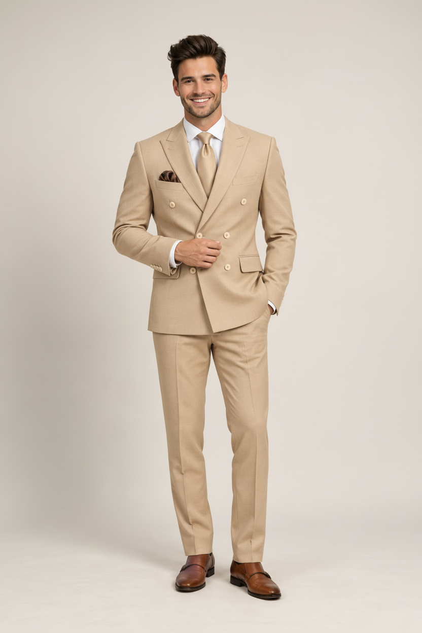Men's Beige Double-Breasted Suit (Sand Royale)