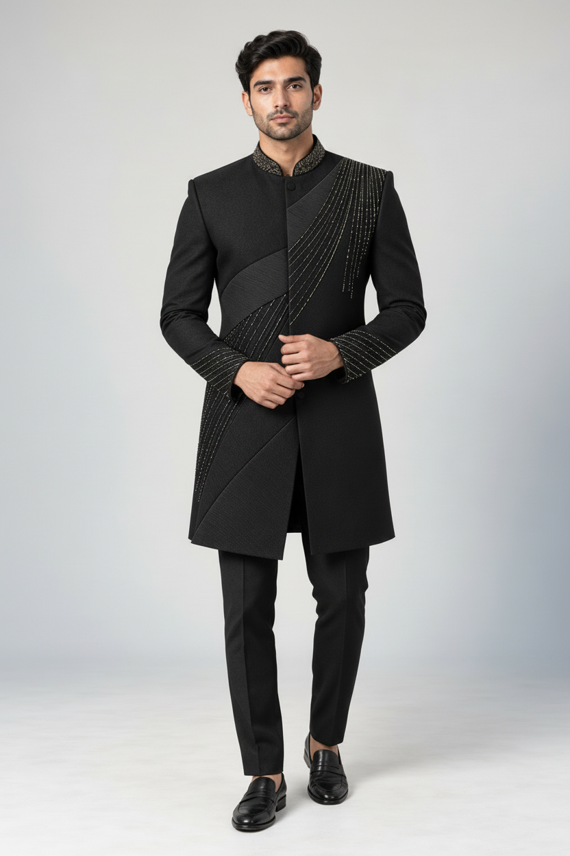 Men's Black Designer Indo-Western Sherwani With Asymmetric Front Panels, Metallic Embellishments And Matching Trousers