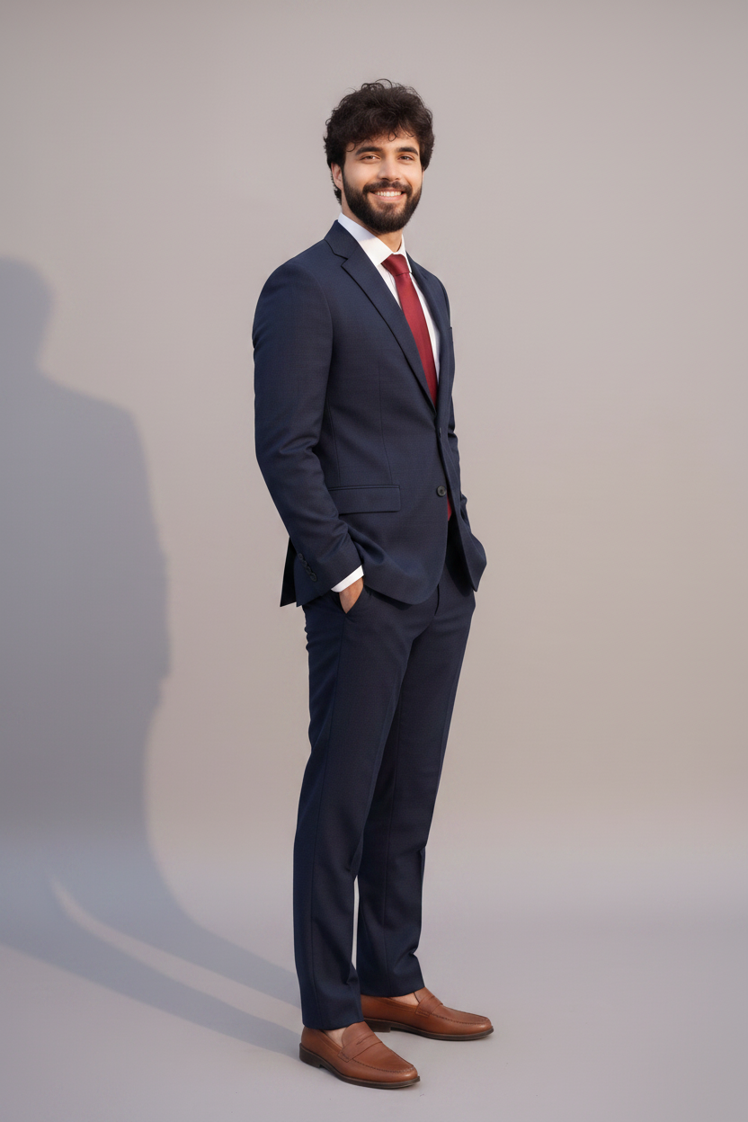 Men's navy blue two-piece suit with notch lapel blazer and tailored trousers