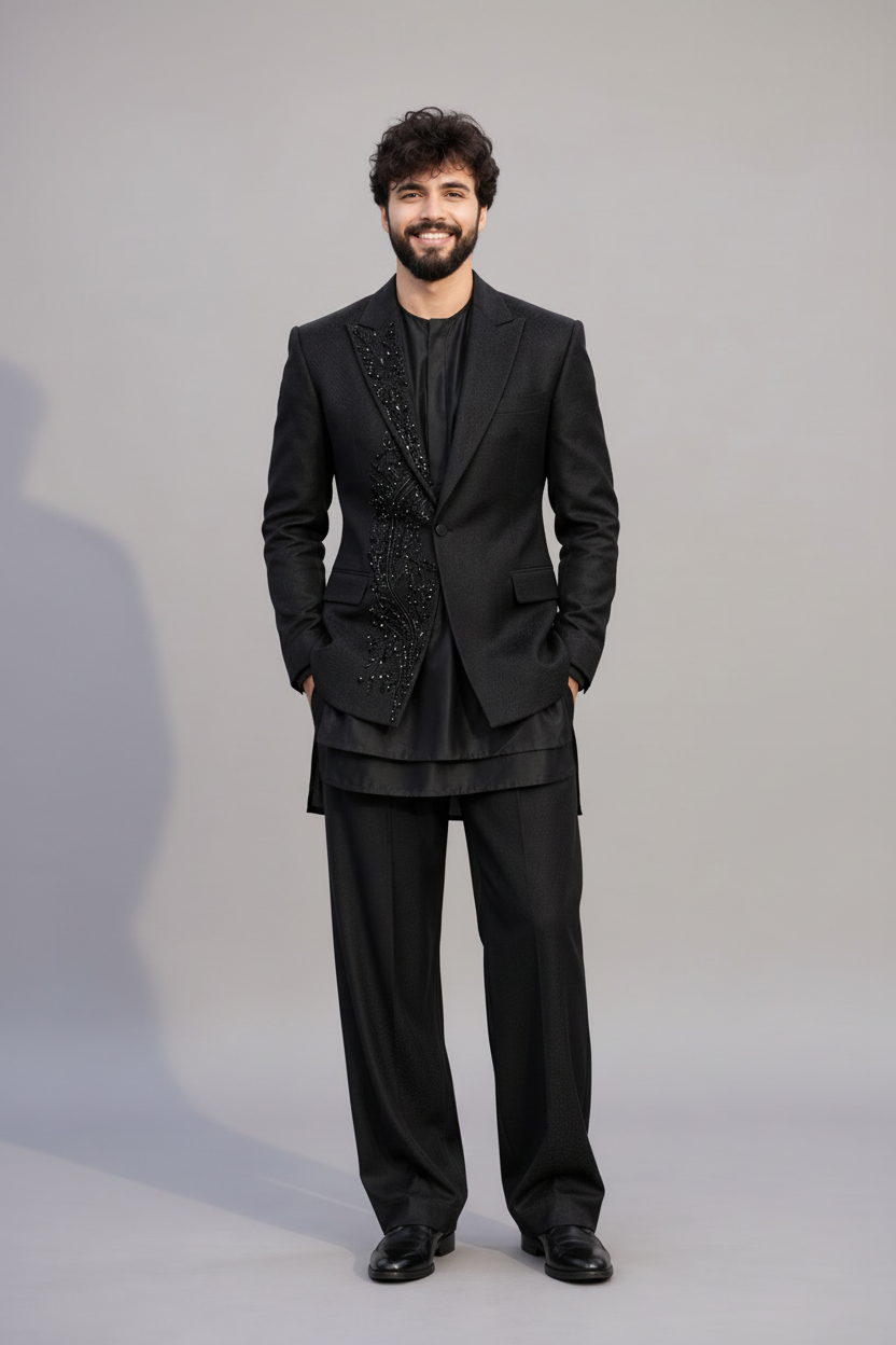 Men's Black Embroidered Blazer Style Indo-Western with Layered Kurta