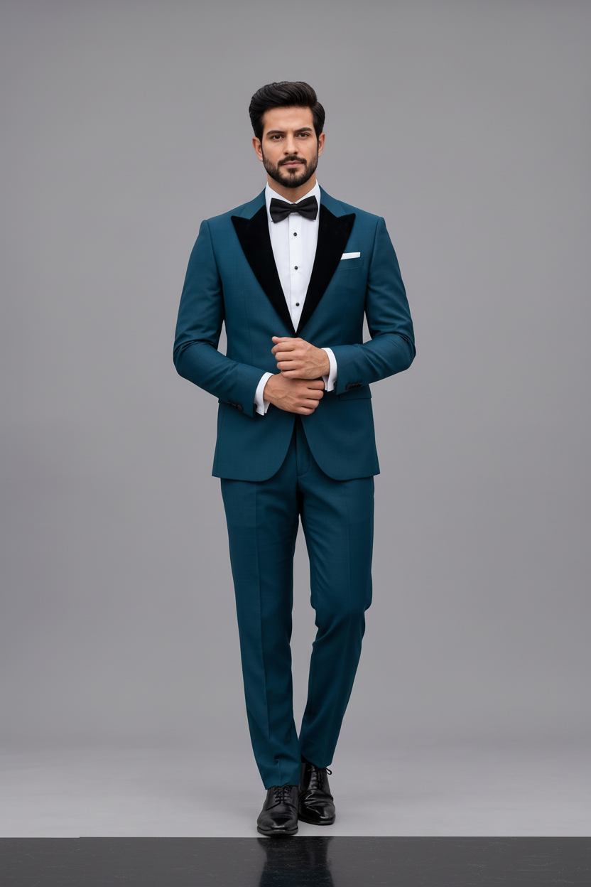Luxurious Peacock Blue Peak Lapel Party Wear Tuxedo