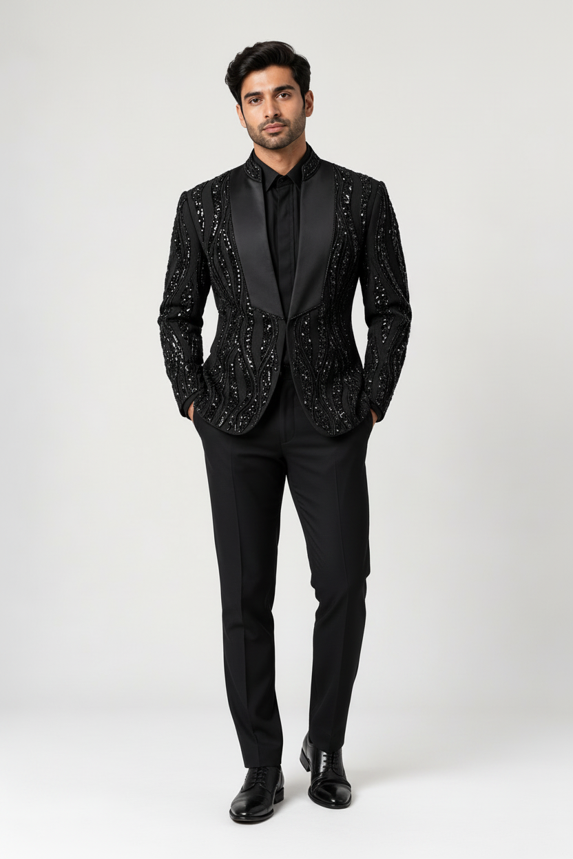 Men's Black Sequin Embroidered Designer Tuxedo Suit