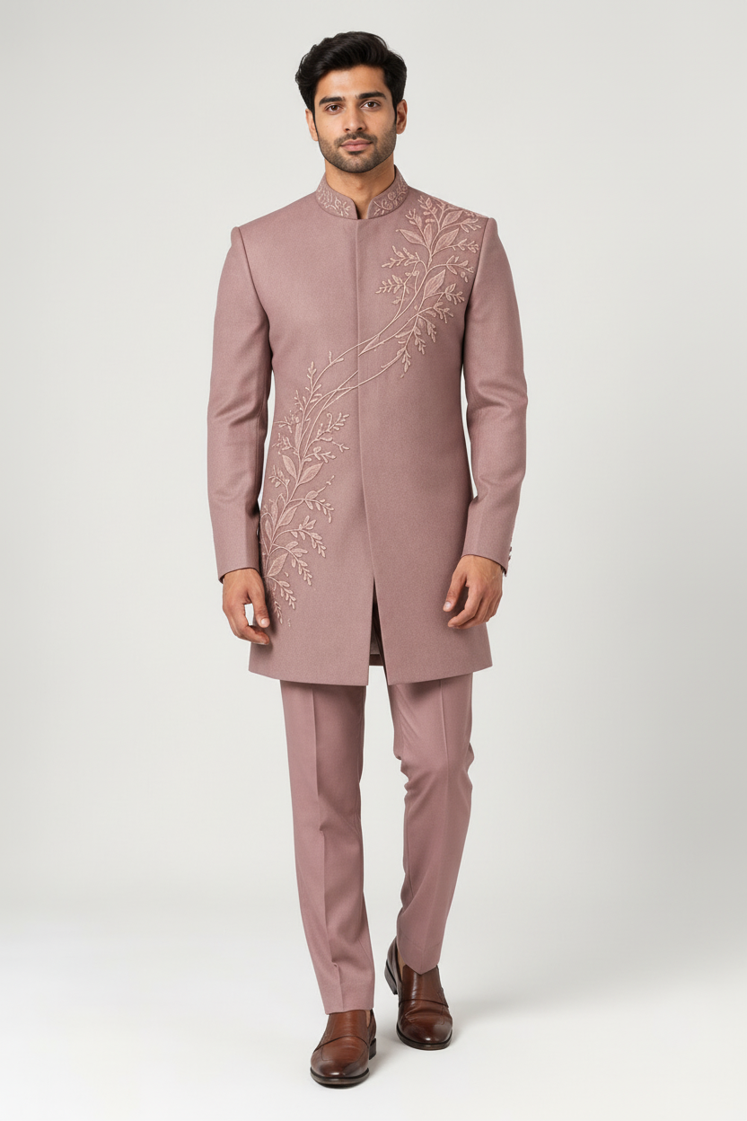 Men's Dusty Rose Indo-Western Sherwani With Tonal Floral Vine Embroidery, Mandarin Collar And Matching Trousers