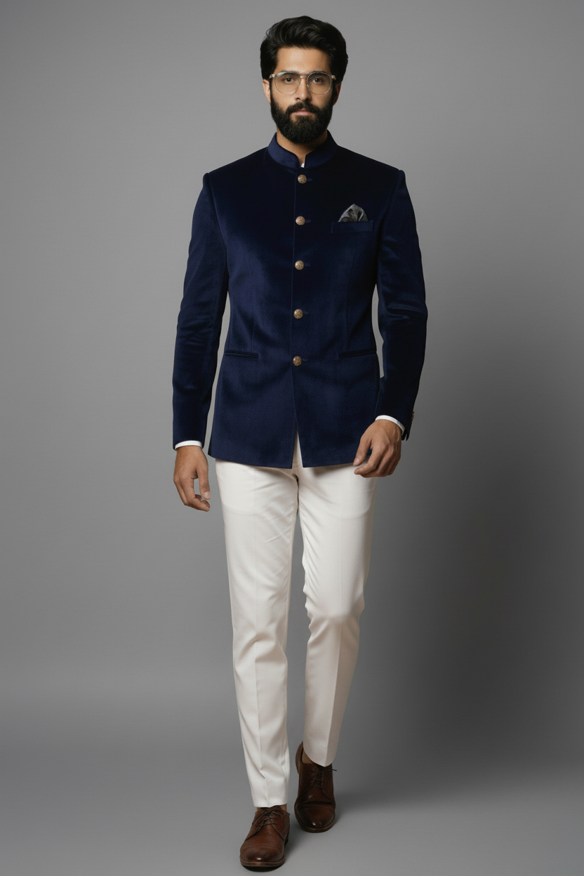 Men's Navy Blue Velvet Jodhpuri Suit (Midnight Royale)
