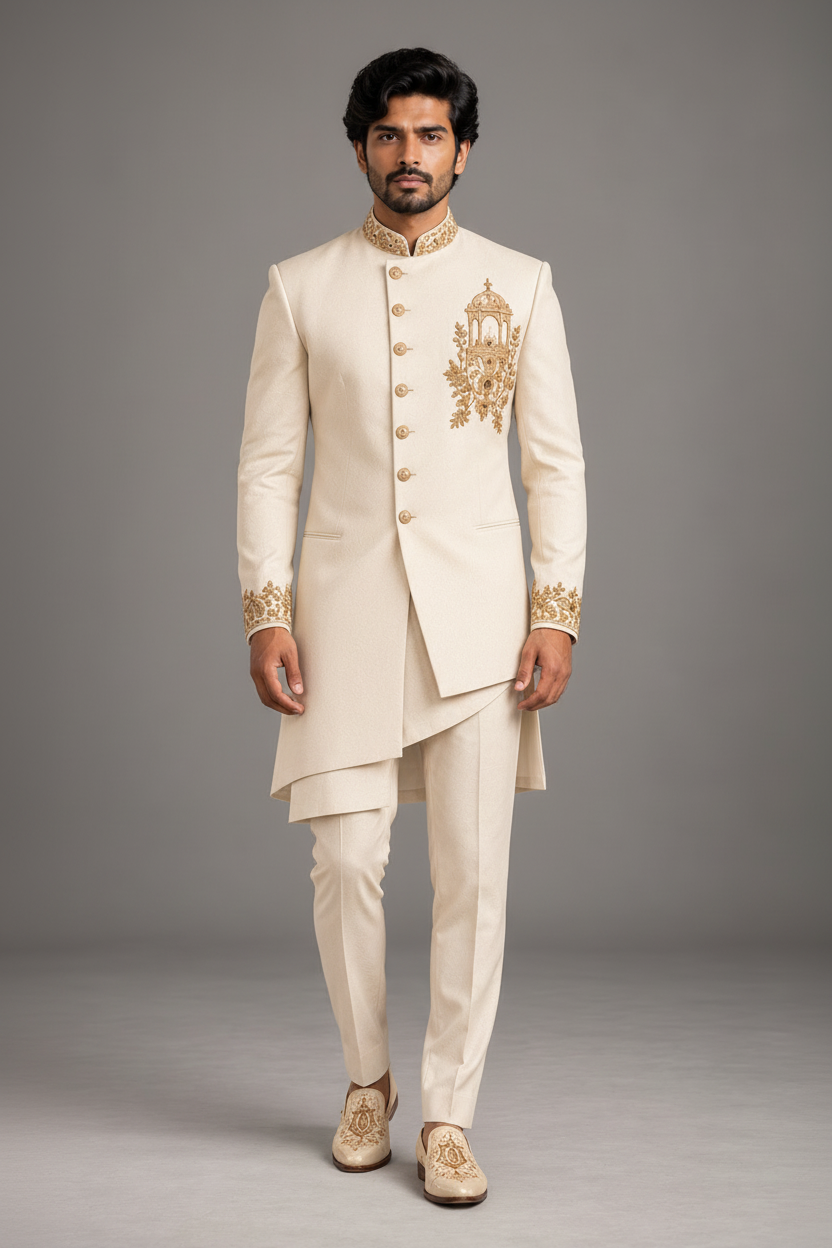 Men's Ivory Cream Embroidered Indo-Western Sherwani (Ivory Darbar)