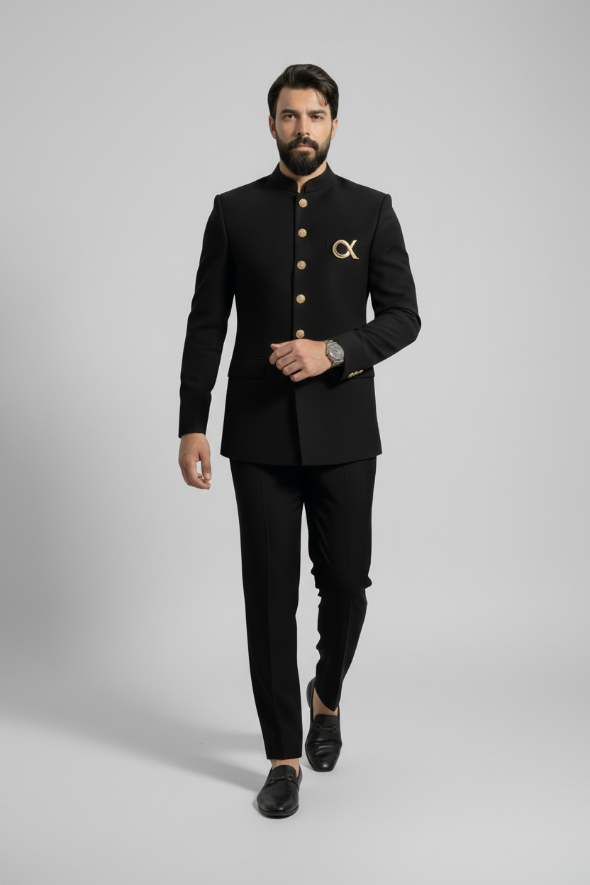 Men's black Jodhpuri suit with gold buttons (Regal black)