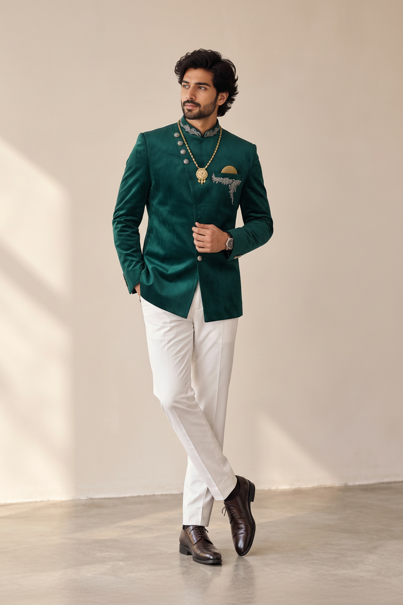 Men's emerald green Jodhpuri suit with metallic buttons, chest detailing and white trousers