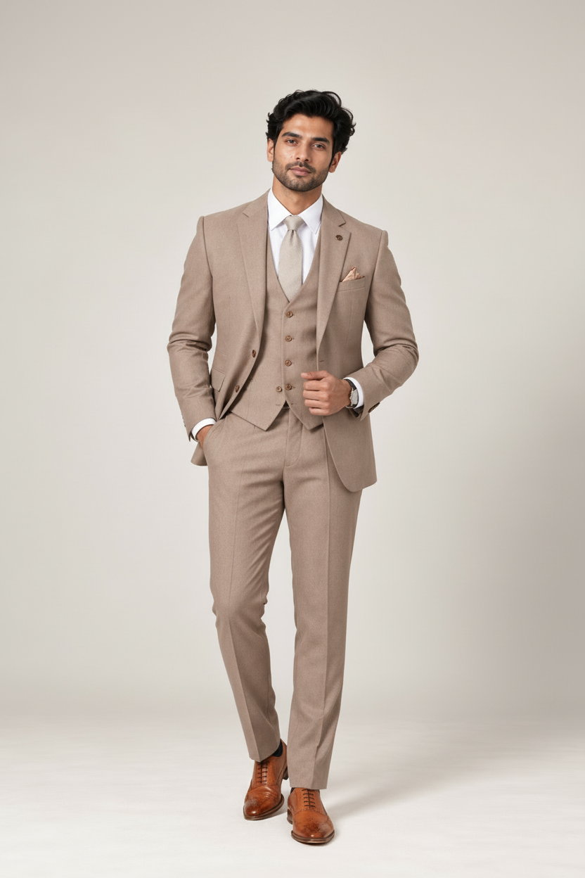 Men's Taupe Beige Three-Piece Suit (Taupe Elegance)