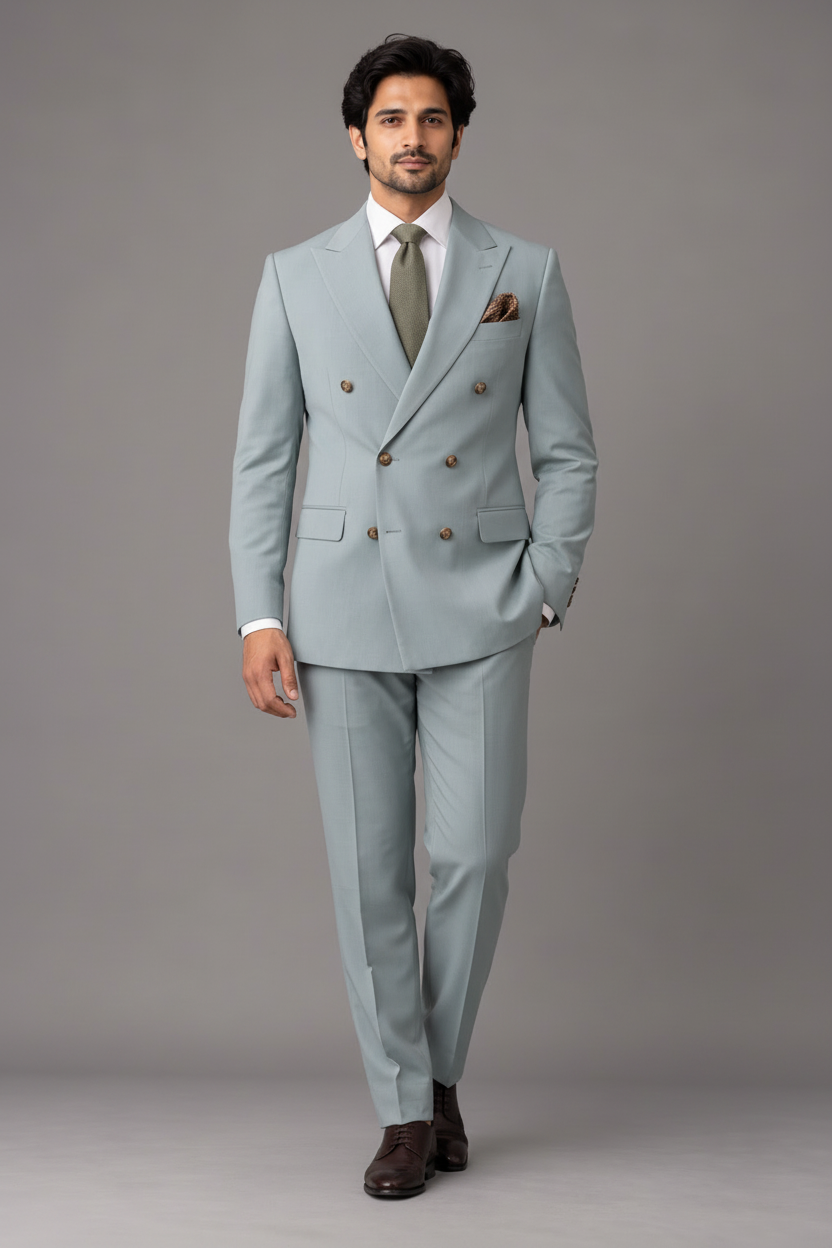 Men's Ice Blue Double-Breasted Suit (Frost Elegance)