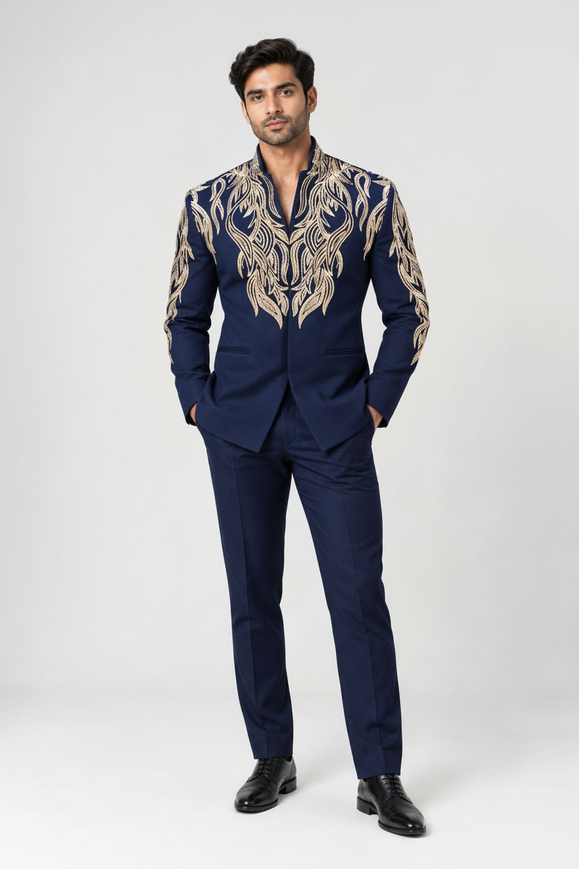 Men's Navy Blue Gold Embroidered Designer Suit (Royal Flame)
