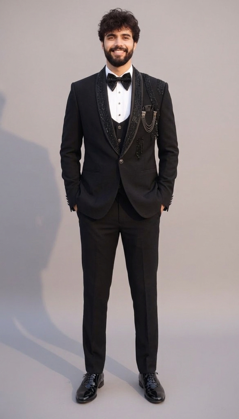 Black Italian Wool crepe 3-Piece tuxedo with lapel and shoulder Embroidery