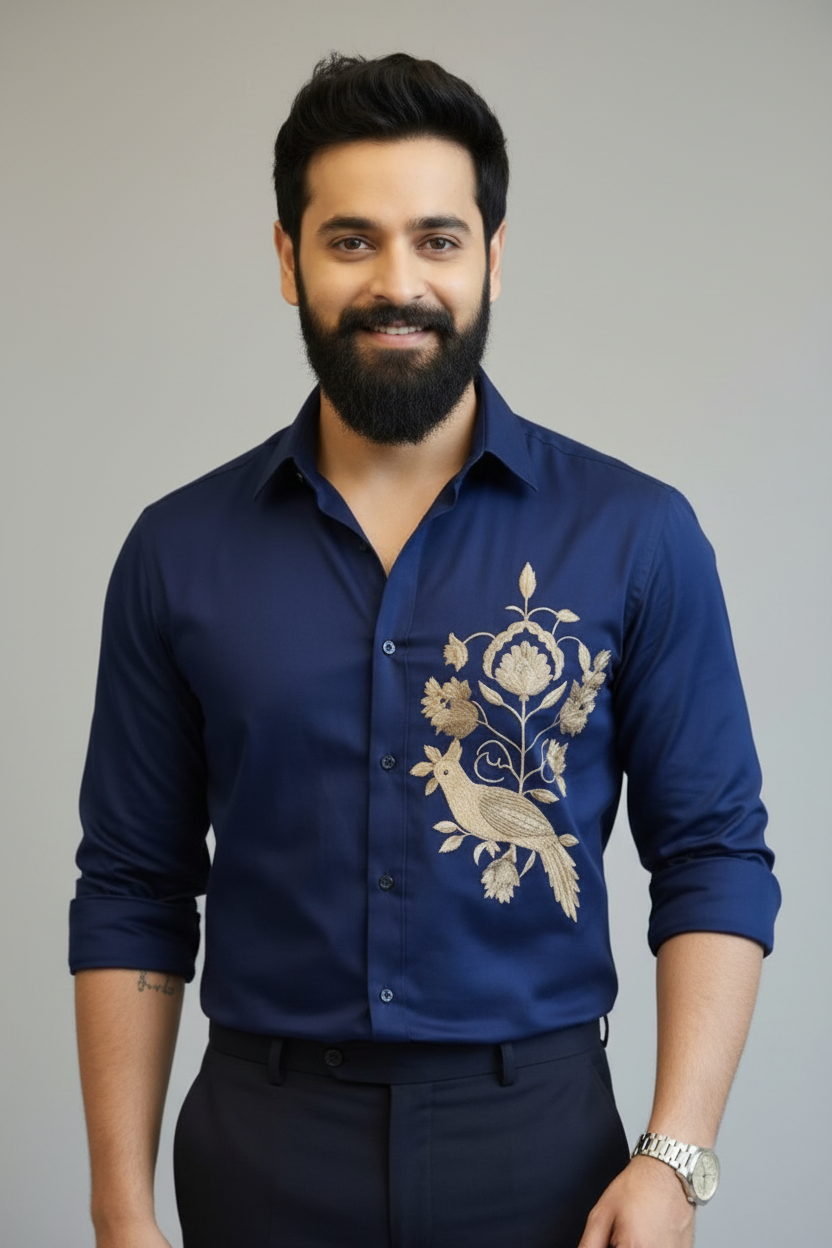 Royal Navy Blue Satin Hand-Embroidered Shirt