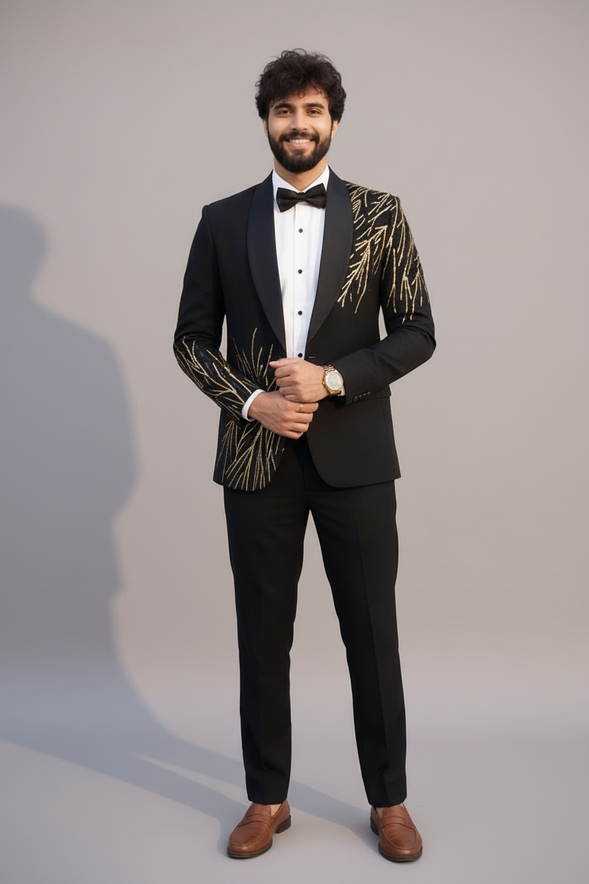 Black Designer Geometric Patterned Tuxedo