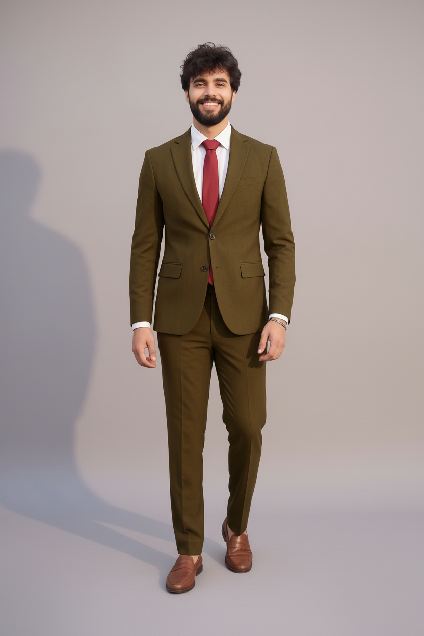 Men's olive brown two-piece suit with tailored blazer and trousers