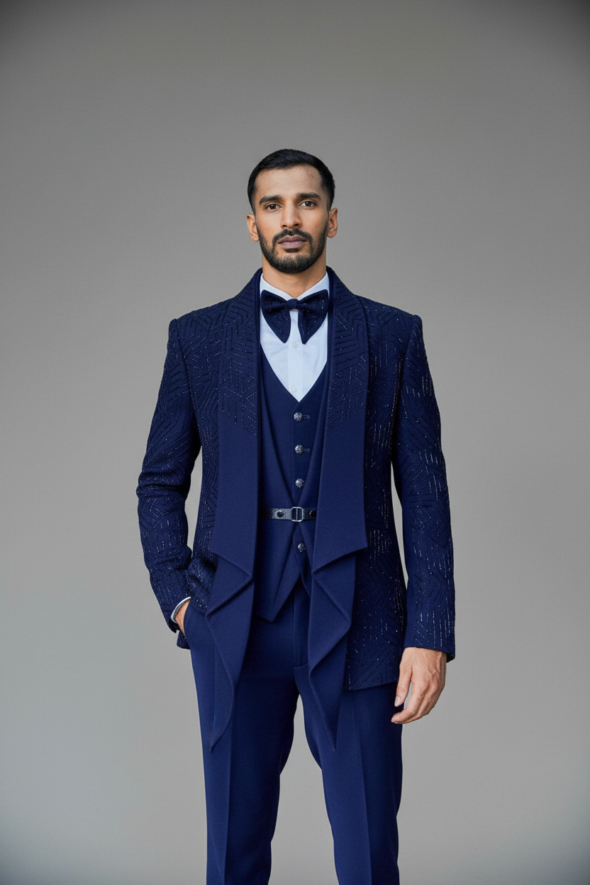 Men’s Royal Blue Textured Three-Piece Suit(Azure Élan)
