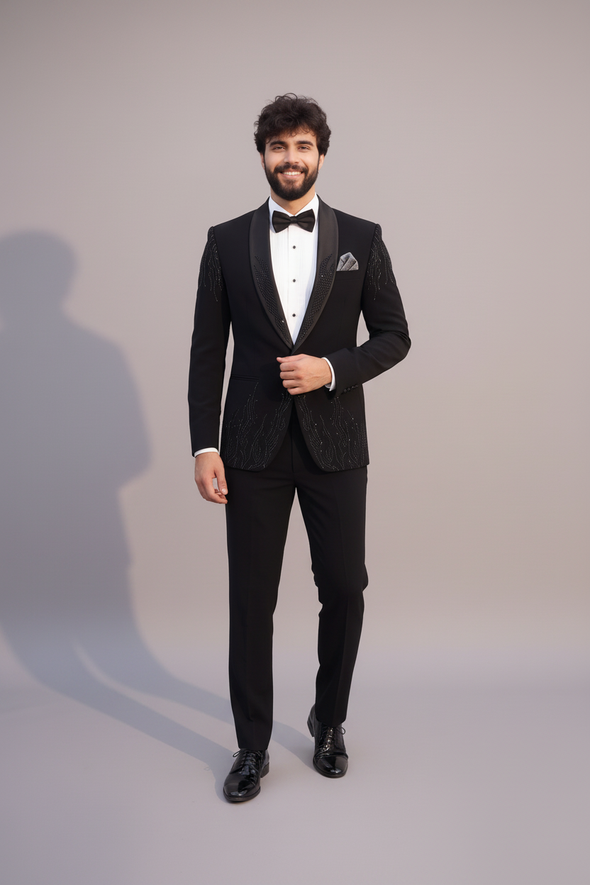 Black 2-Piece Tuxedo with Cut dana embroidery