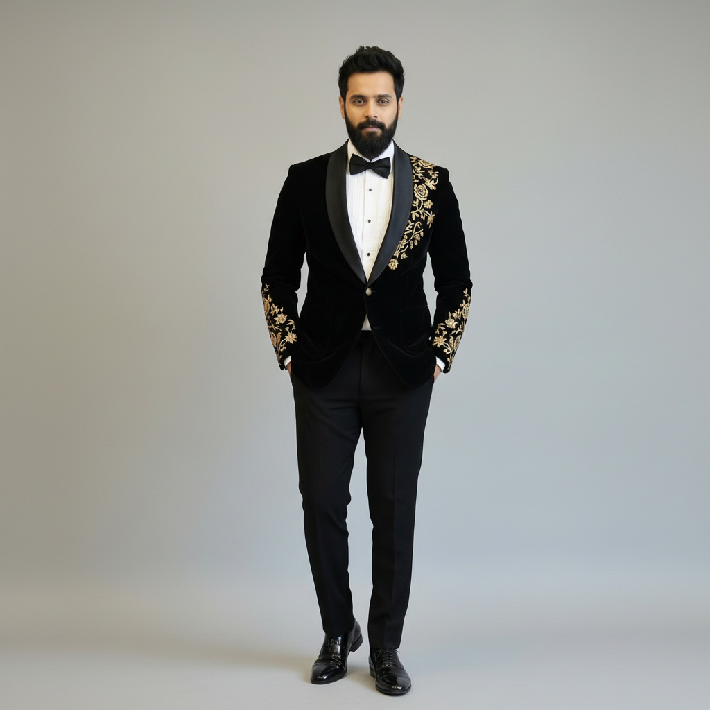 Black Velvet 2 piece  Tuxedo with golden zardosi embroidery