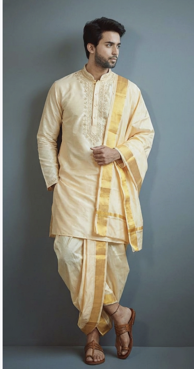 Off White Kanchi Pattu Pancha for Groom