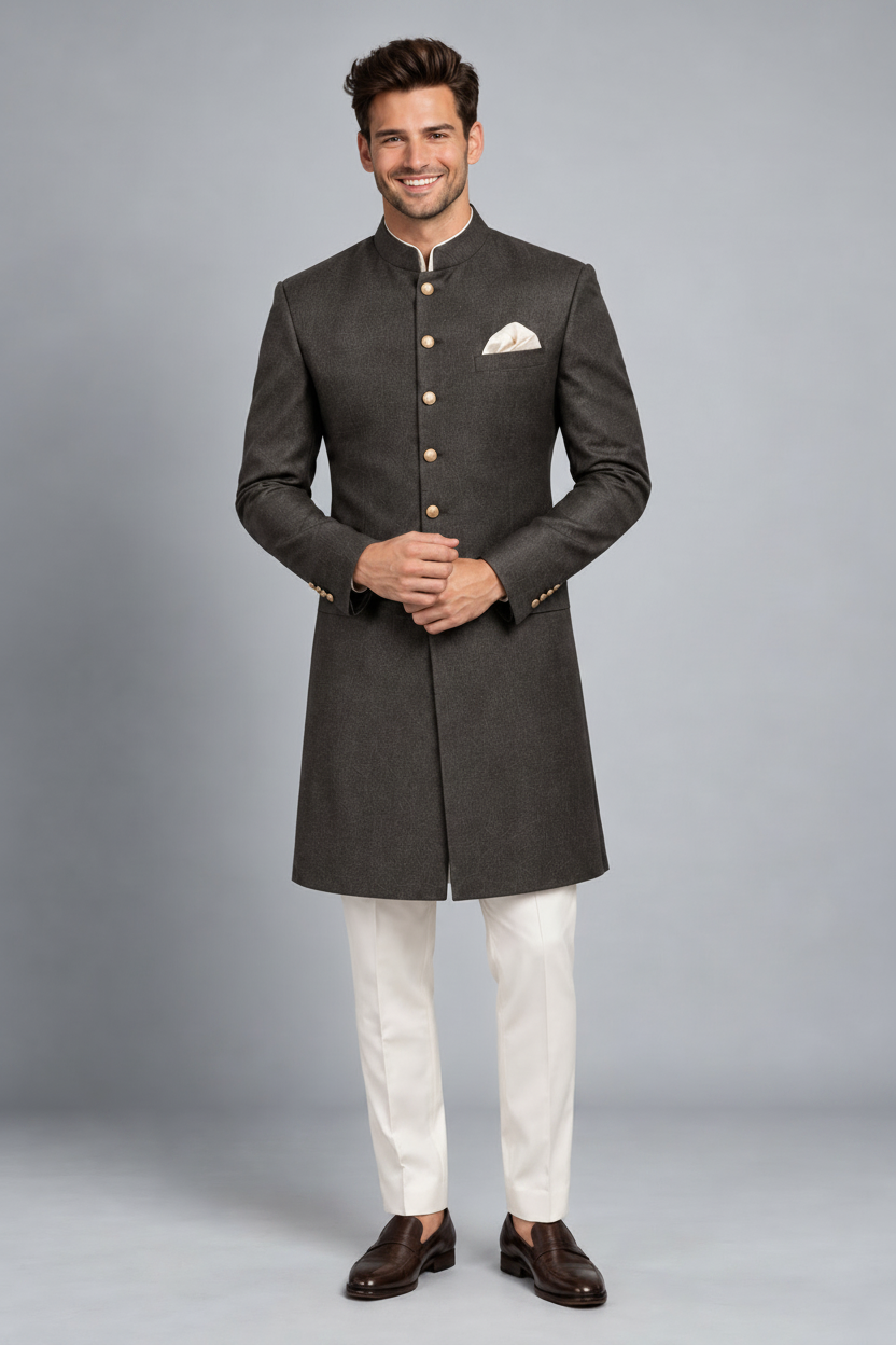 Men's Charcoal Grey Textured Indo-Western Sherwani (Charcoal Heritage)