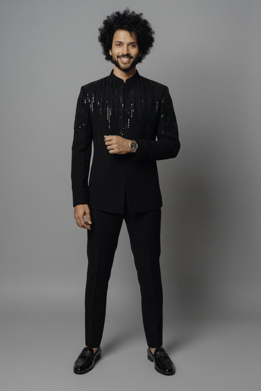 Men's Black Embellished Jodhpuri Suit (Noir Cascade)