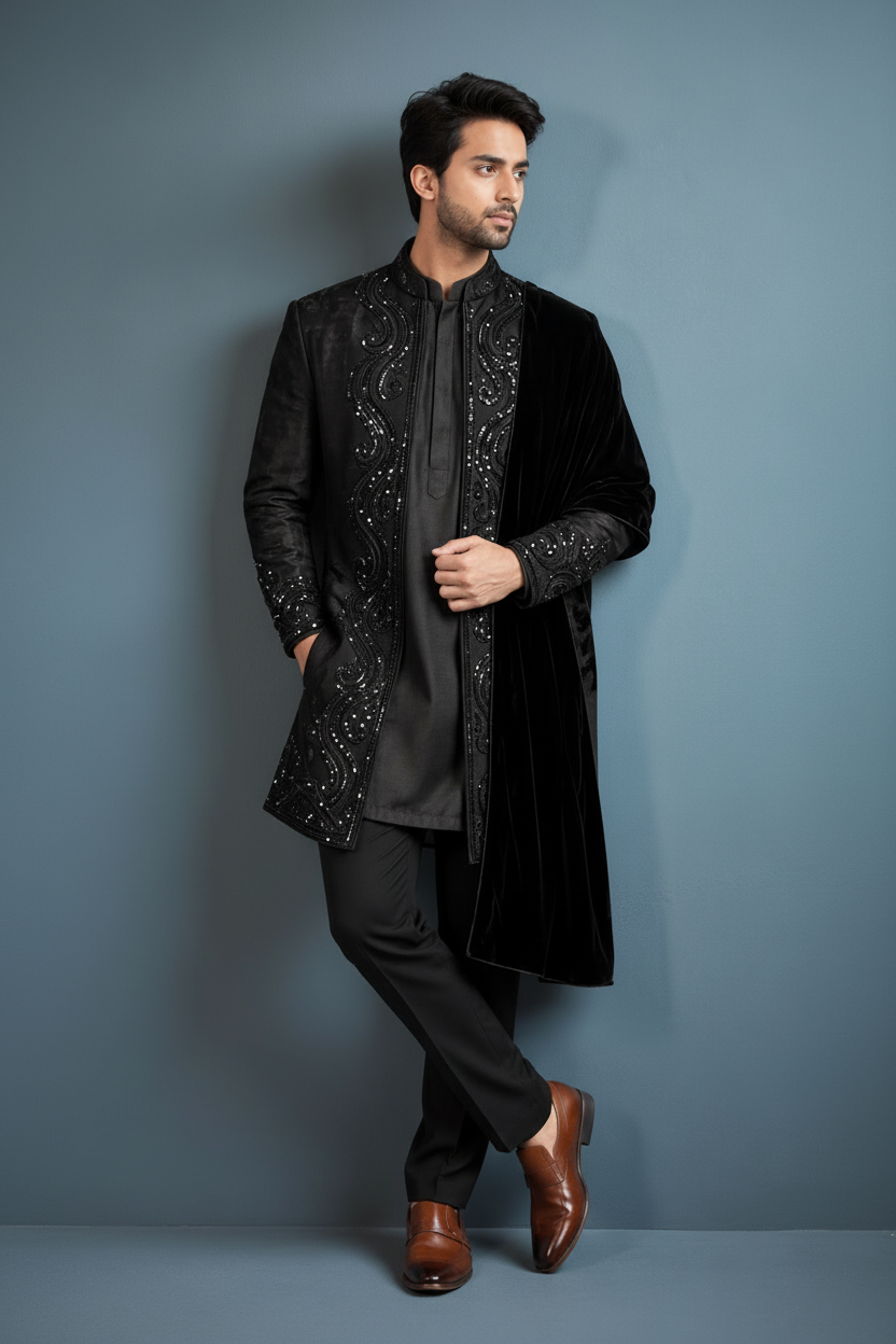 Men's Black Sequin Embroidered Indo-Western with Velvet Drape