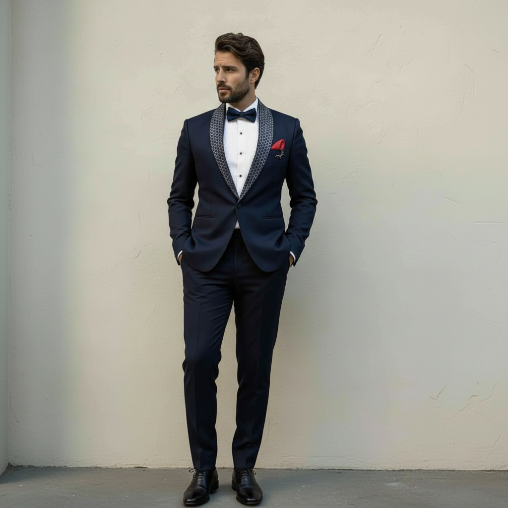 Blue  Navy Lapel Embellished Tuxedo