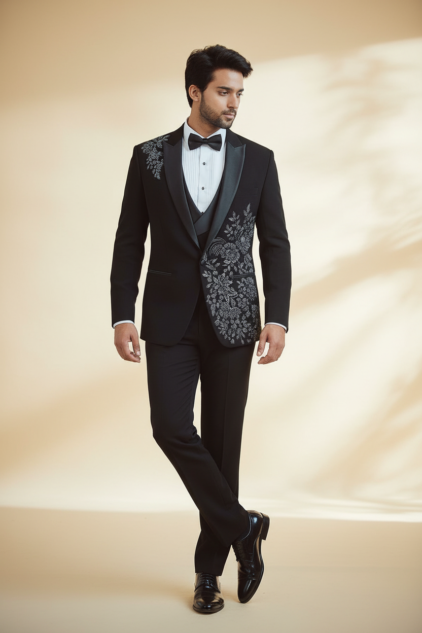 Black Floral Embroidered Tuxedo with Trousers