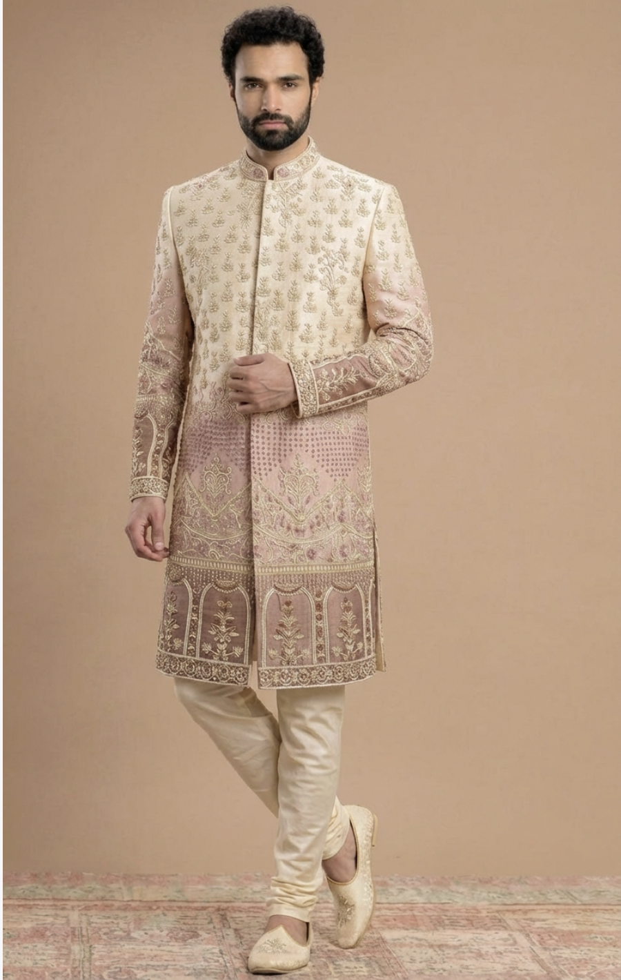 Peach Ombre heavy zardosi work sherwani