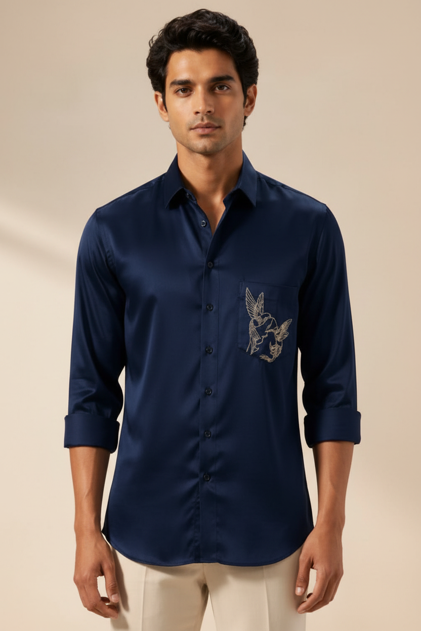 Midnight Blue Embroidered Satin Shirt