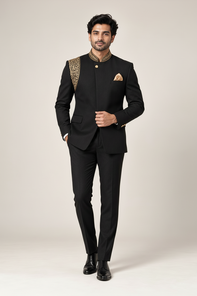 Men's Black Jodhpuri Suit with Gold Shoulder and Collar Embroidery
