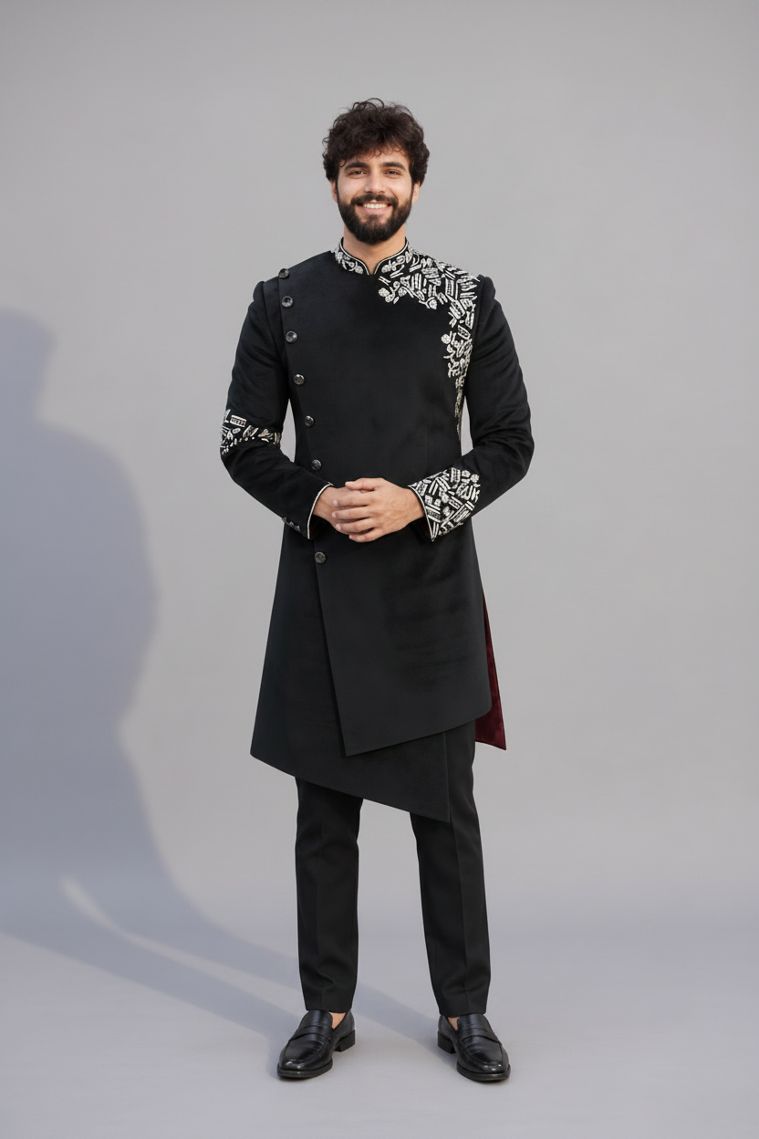 Mens Black Silver Designer Indo Western (Noir Zardozi)