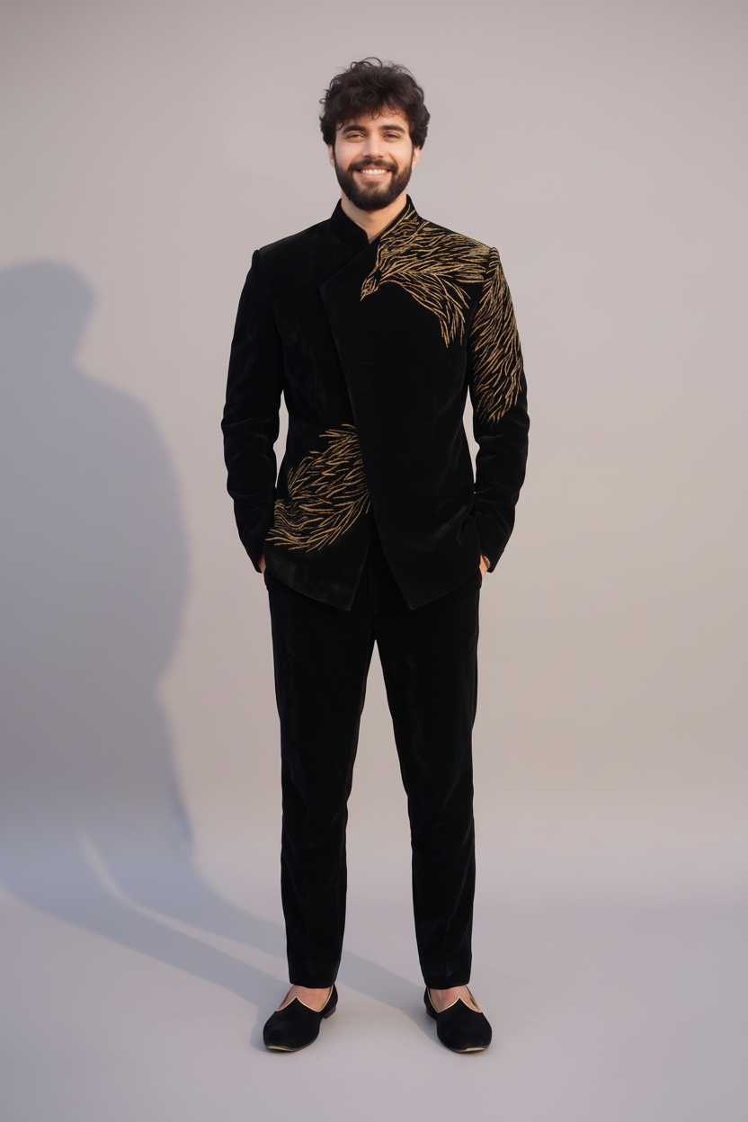 Men's Black Velvet Embroidered Jodhpuri Suit (Black Eagle)