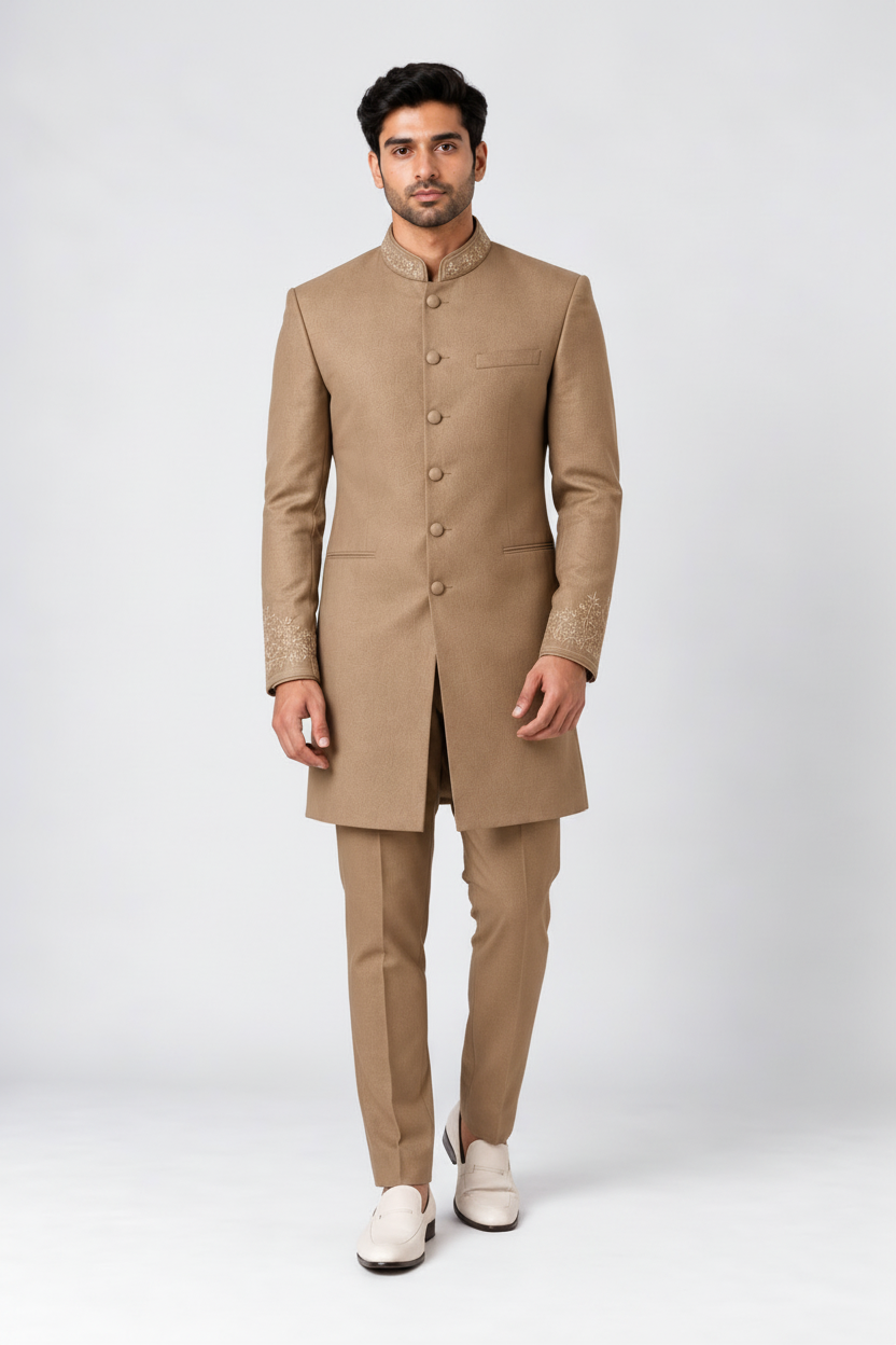 Men's Camel Beige Indo-Western Sherwani With Floral Embroidered Collar, Cuffs And Matching Trousers