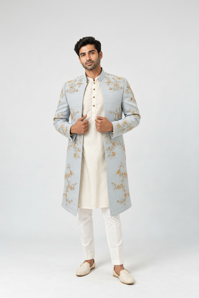 Men's Ice Blue Floral Embroidered Open Jacket (Blossom Royale)