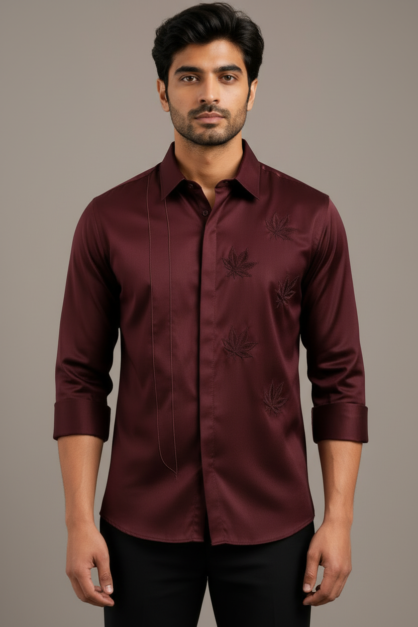 Crimson Red Embroidered Satin Luxury Shirt