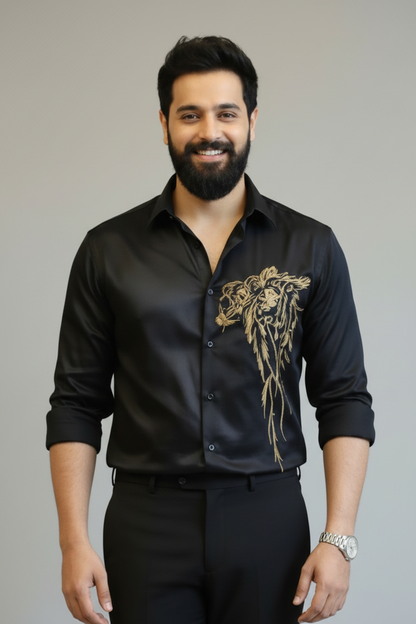 The Black Regal Lion Embroidered Satin Shirt