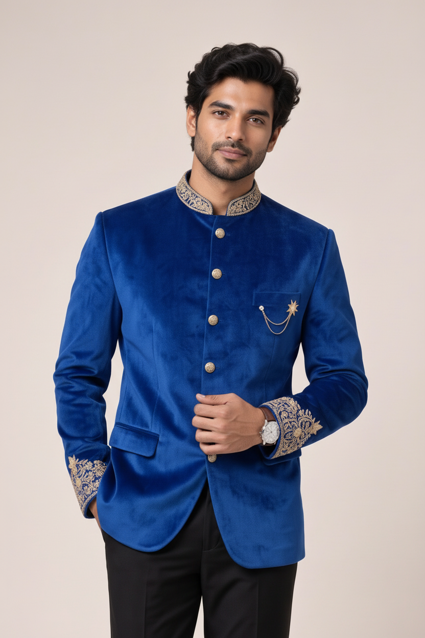 Men's Royal Blue Velvet Jodhpuri Suit (Royal Majesty)