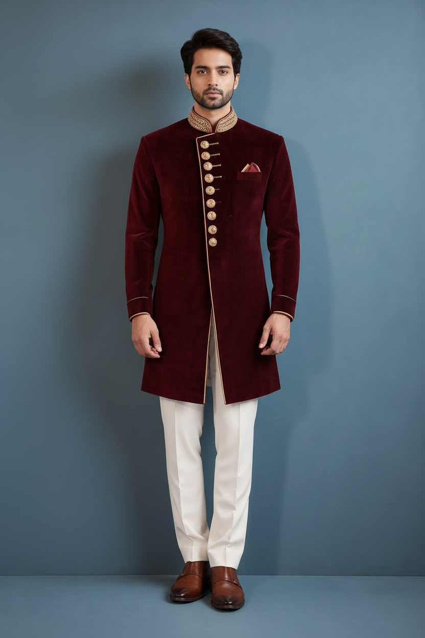 Mens Burgundy Velvet Indo Western Sherwani (Royal Merlot)