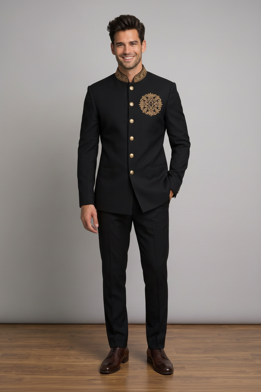 Men's black embroidered Jodhpuri suit (Noir crest)