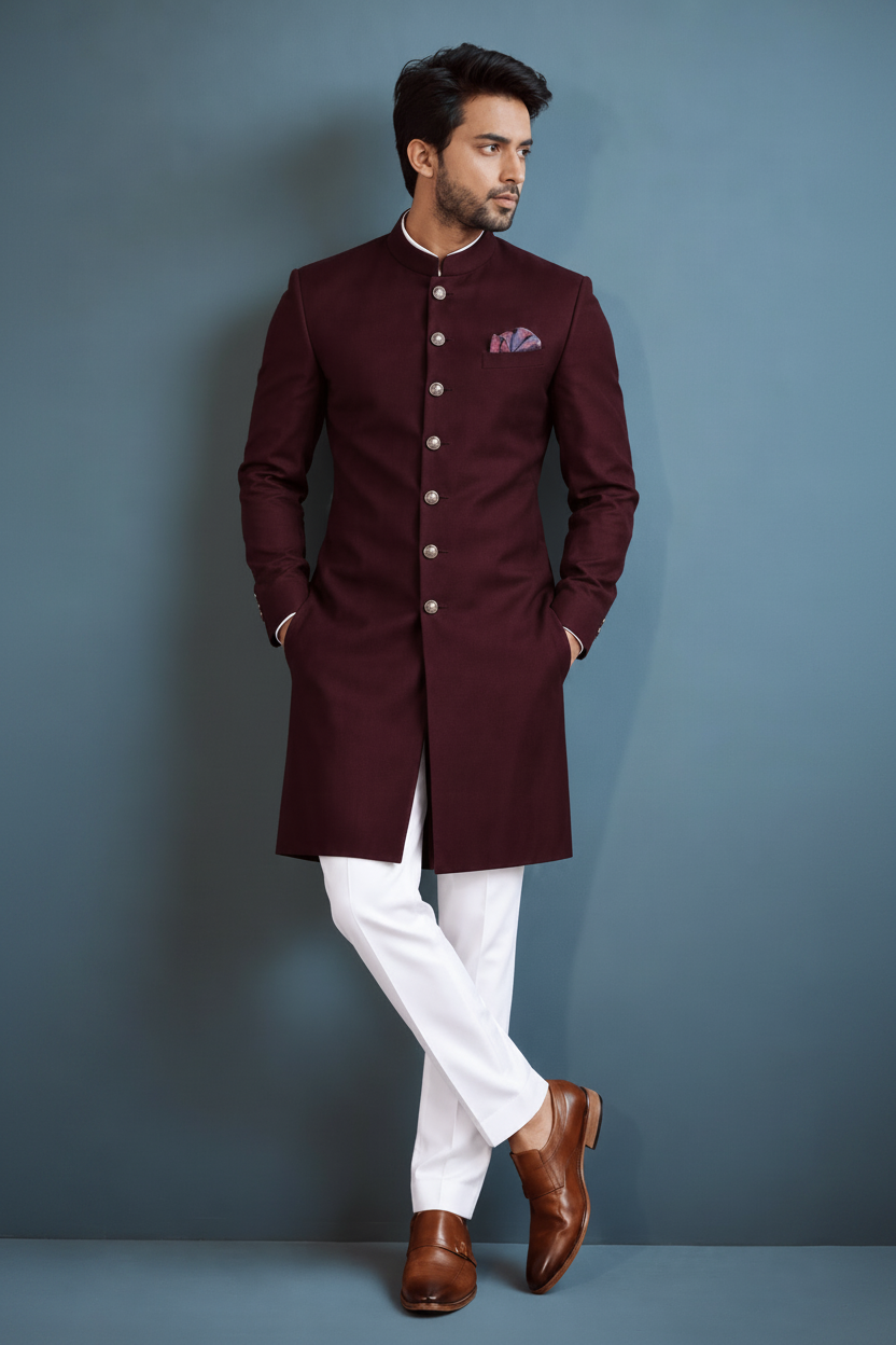 Men's Wine Maroon Indo-Western Sherwani (Regal Merlot)