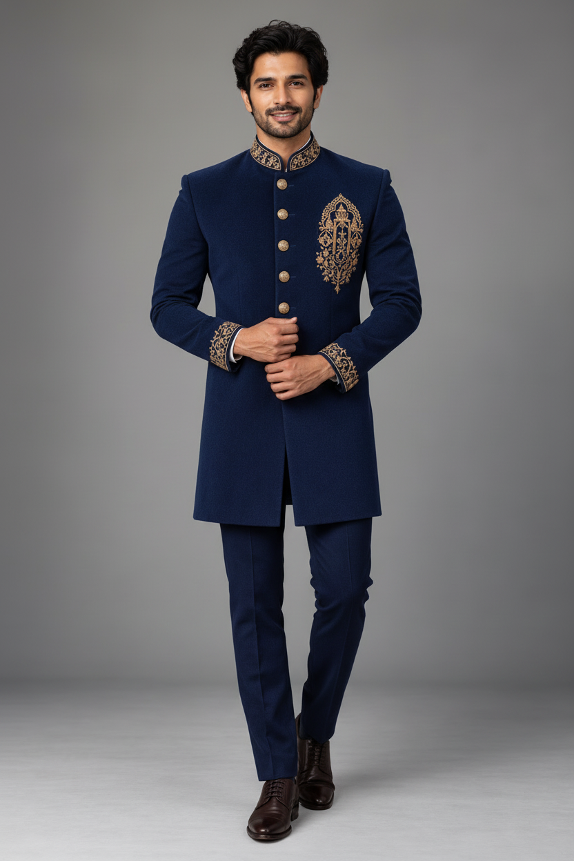 Men's Navy Blue Gold Embroidered Indo-Western Sherwani (Imperial Emblem)