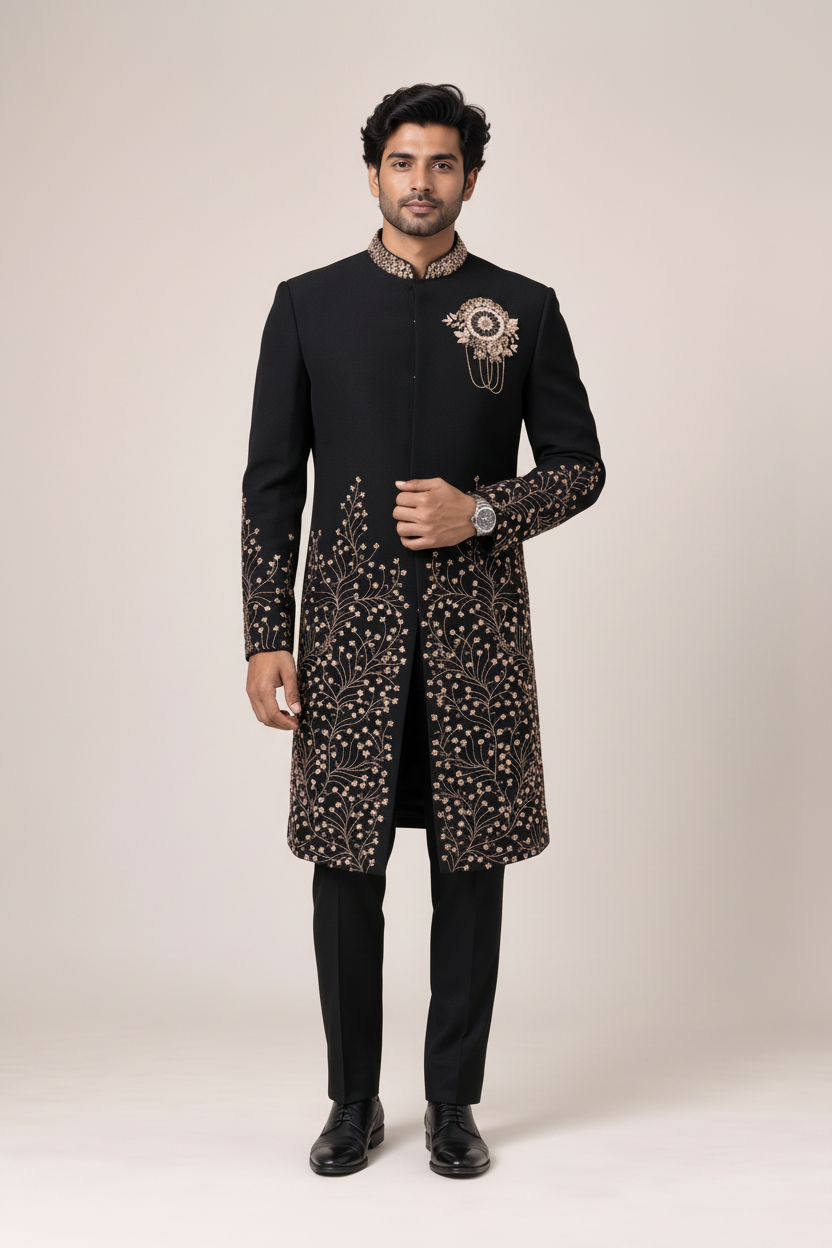Mens Black Floral Embroidered Indo Western Sherwani (Midnight Bloom)