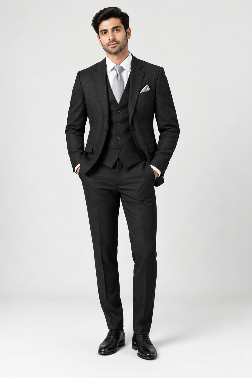 Men's Charcoal Black Three-Piece Suit (Midnight Prestige)