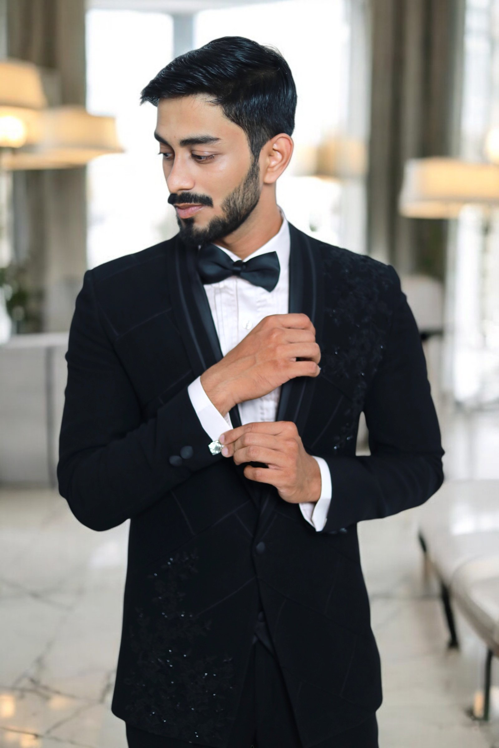 Black self beaded embroidery tuxedo